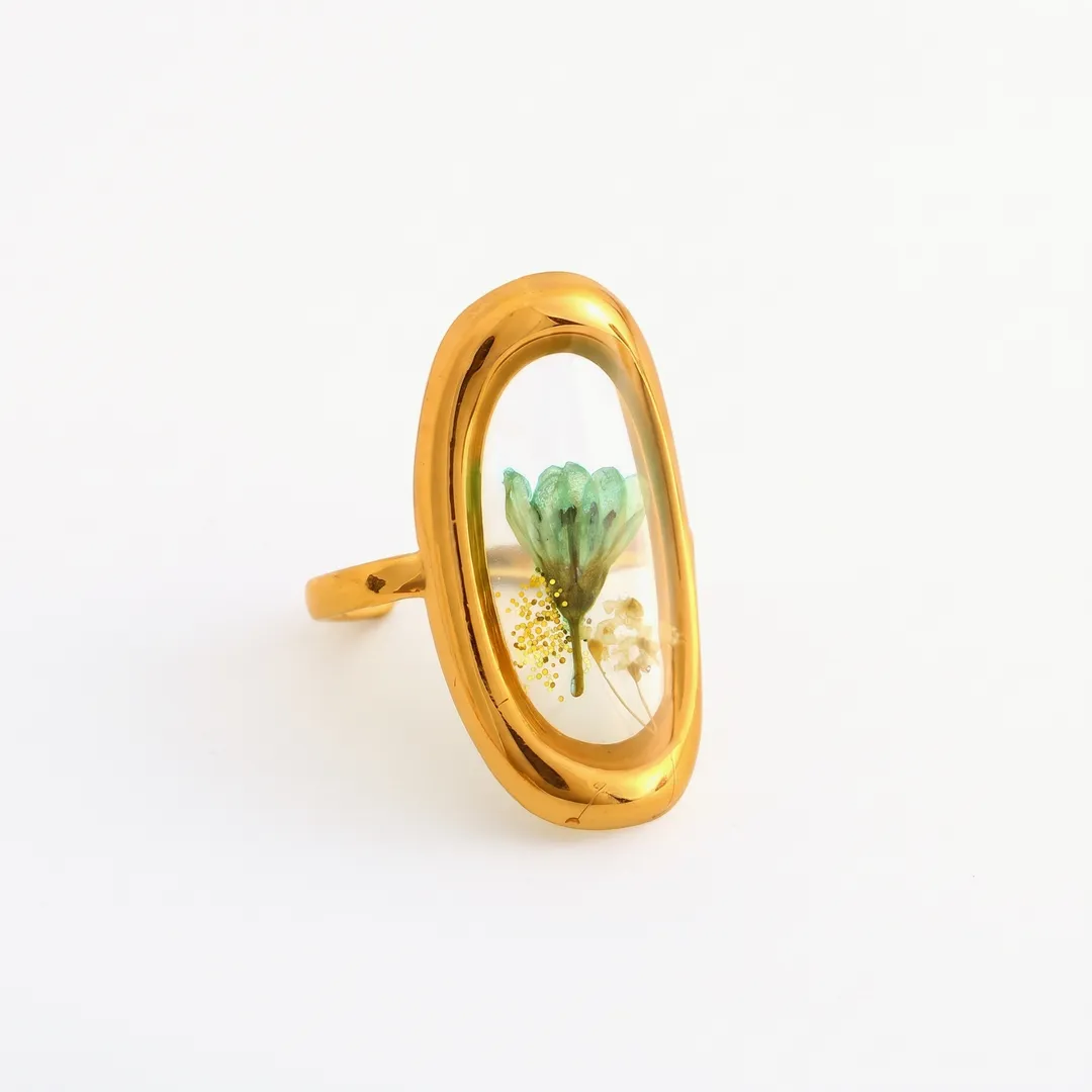Anillo Ovalado Ajustable con Flor Prensada en Resina, Flor prensada A, foto 1