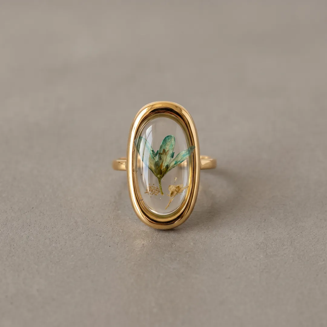 Anillo Ovalado Ajustable con Flor Prensada en Resina, Flor prensada A, foto 2