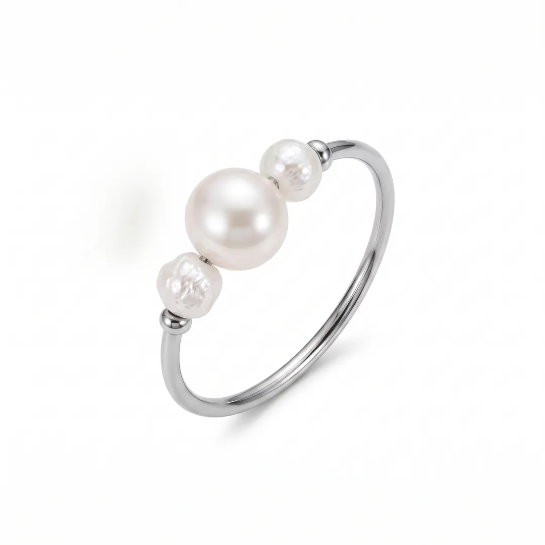 Anillo Delgado Acero con Tres Perlas Cultivadas, Plateado, foto 1