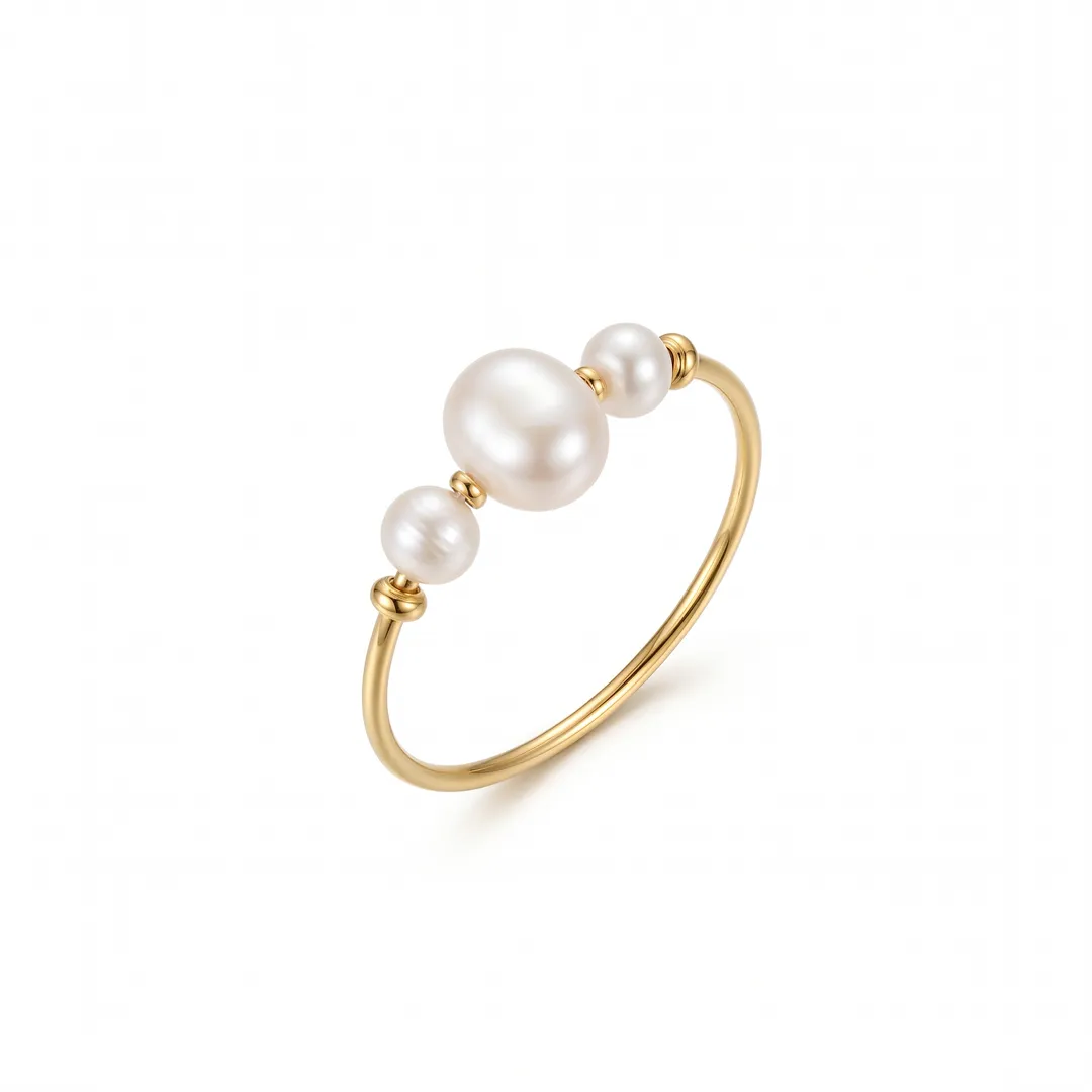 Anillo Delgado Acero con Tres Perlas Cultivadas, Dorado, foto 1