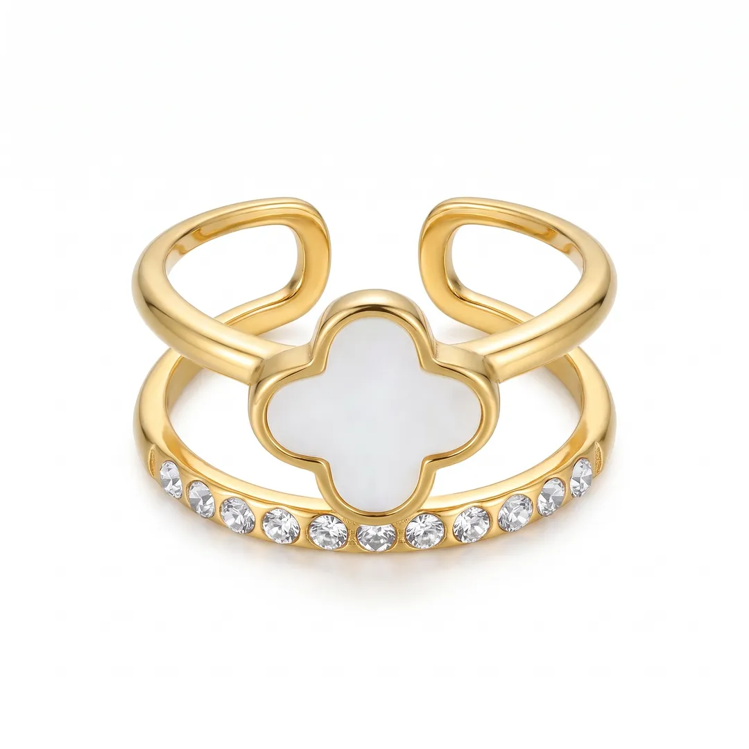 Anillo Doble Ajustable Trébol de Concha Dorado, Trébol, foto 1