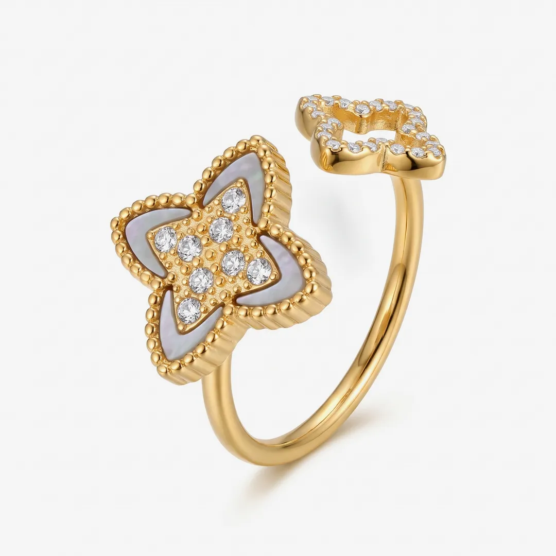 Anillo Ajustable Dorado con Flor y Circonias, Flor y concha, foto 1