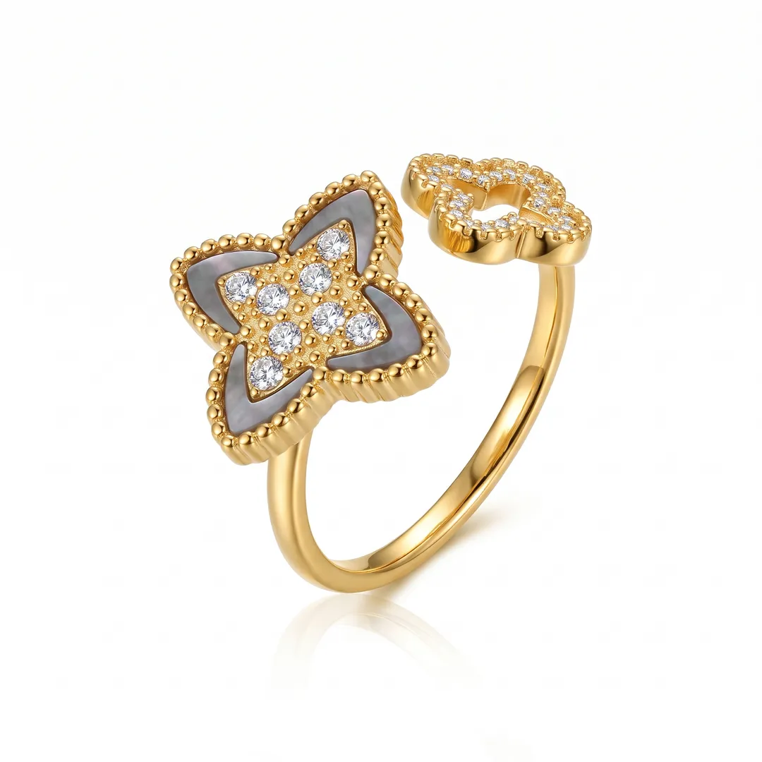 Anillo Ajustable Dorado con Flor y Circonias, Flor y concha, foto 3