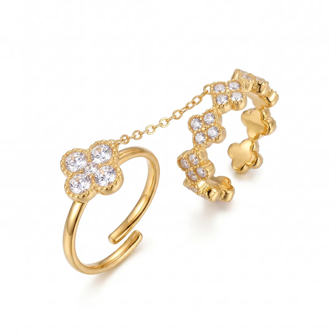 Anillo Ajustable Dorado con Flor y Circonias, Doble flor, foto 2