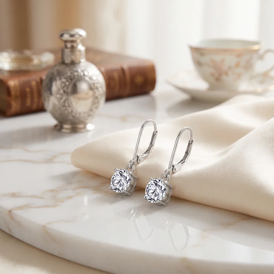 Aretes de gota redonda con circón plateados, Circón blanco, foto 5