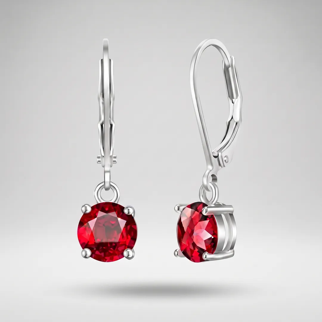 Aretes de gota redonda con circón plateados, Circón rojo, foto 1