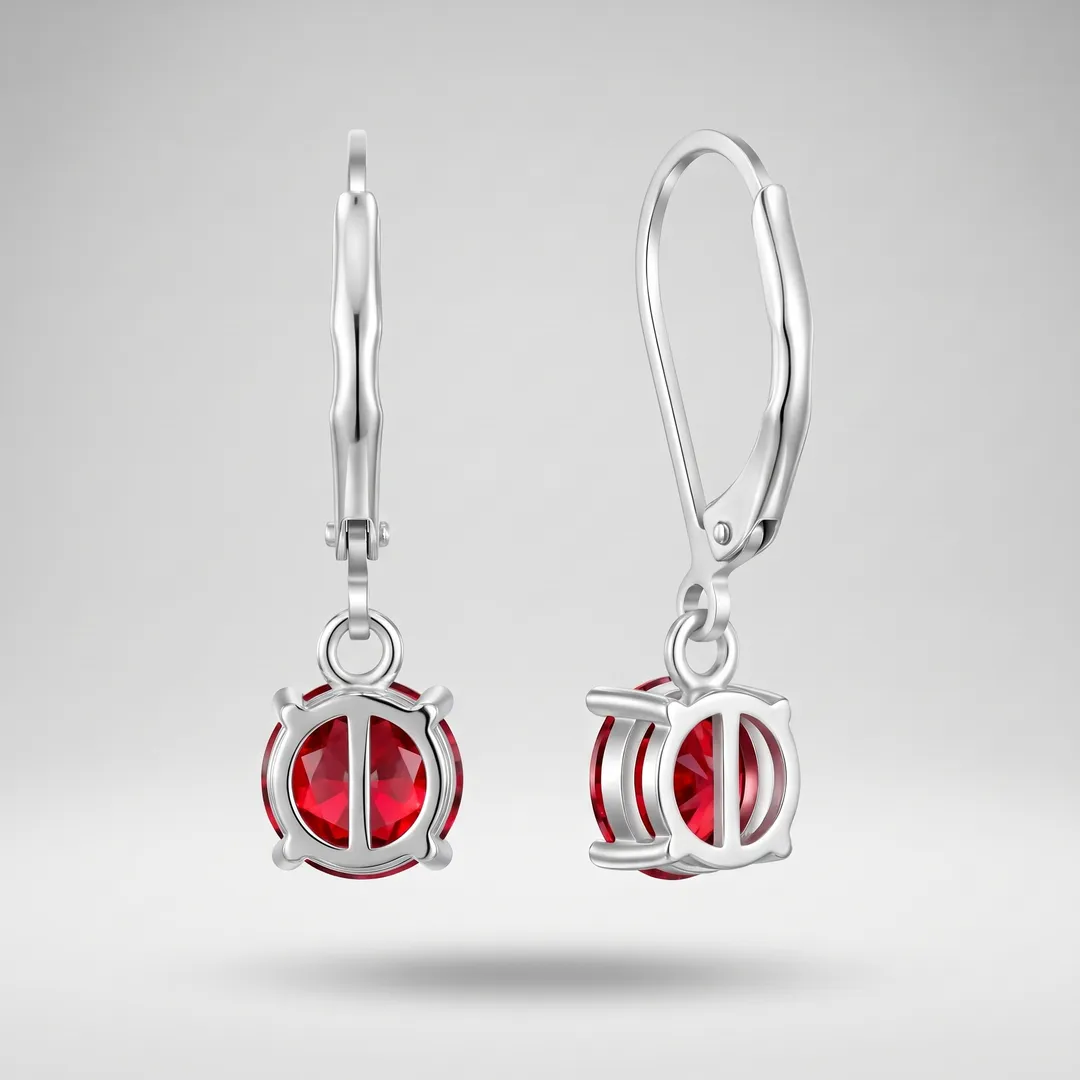 Aretes de gota redonda con circón plateados, Circón rojo, foto 2