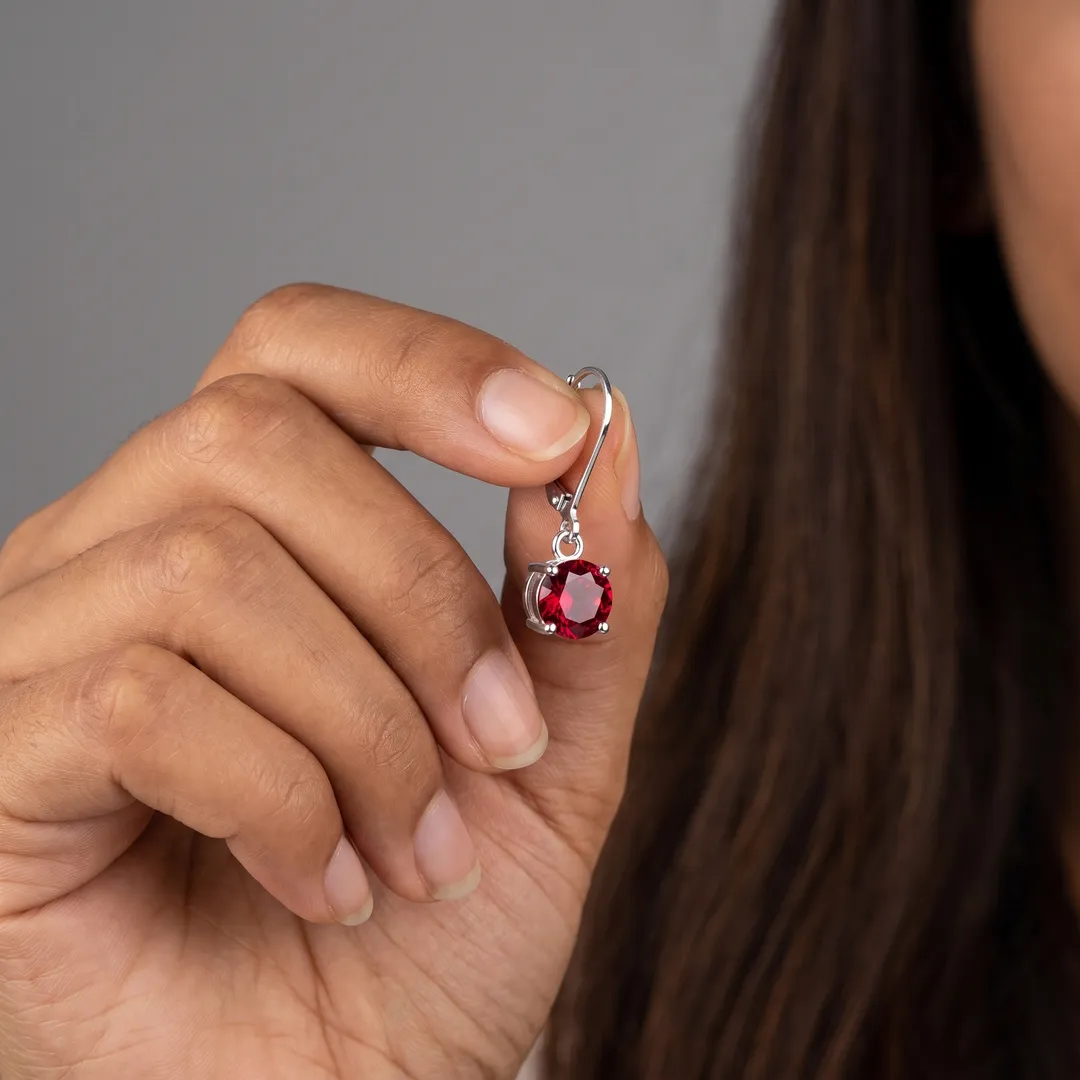 Aretes de gota redonda con circón plateados, Circón rojo, foto 3