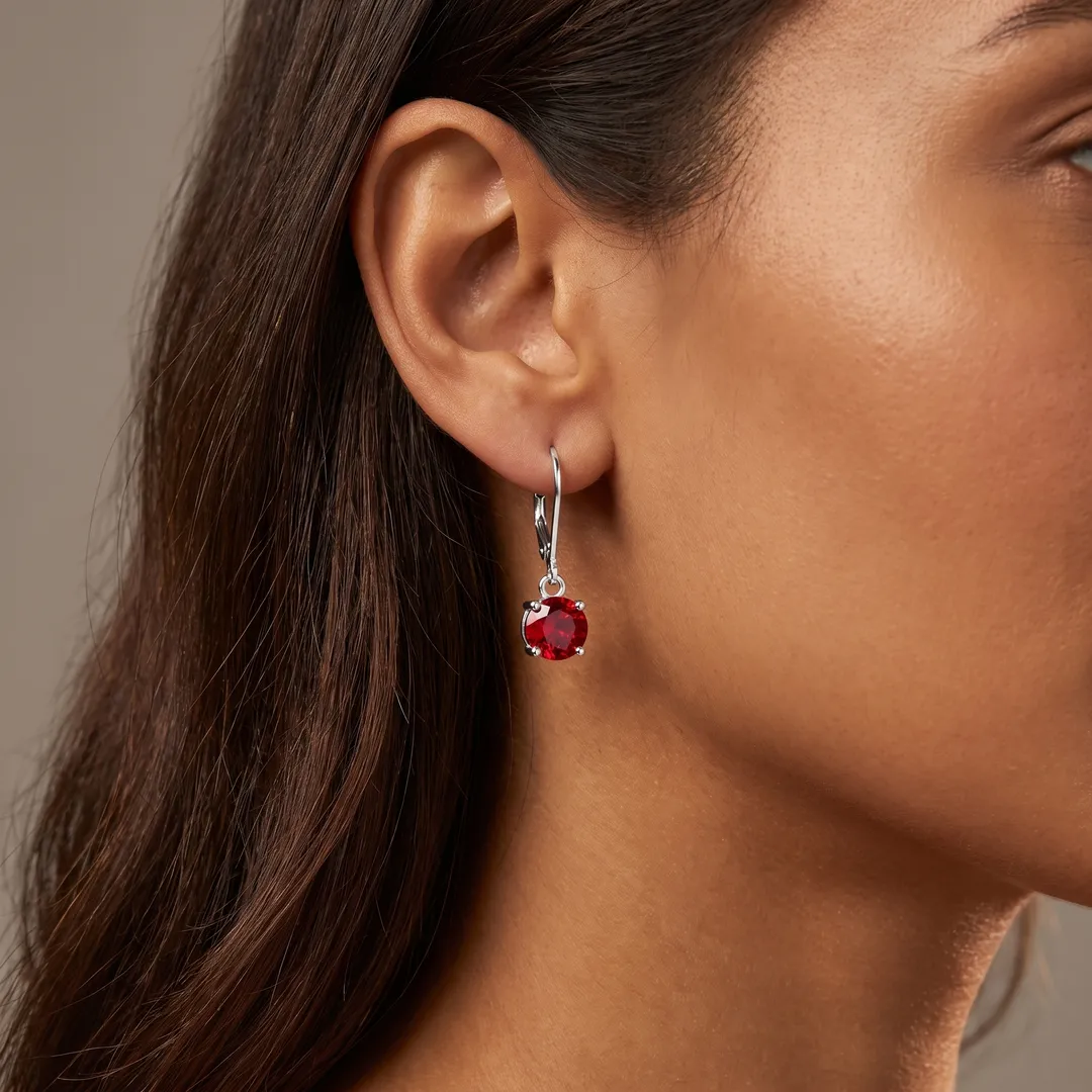 Aretes de gota redonda con circón plateados, Circón rojo, foto 4