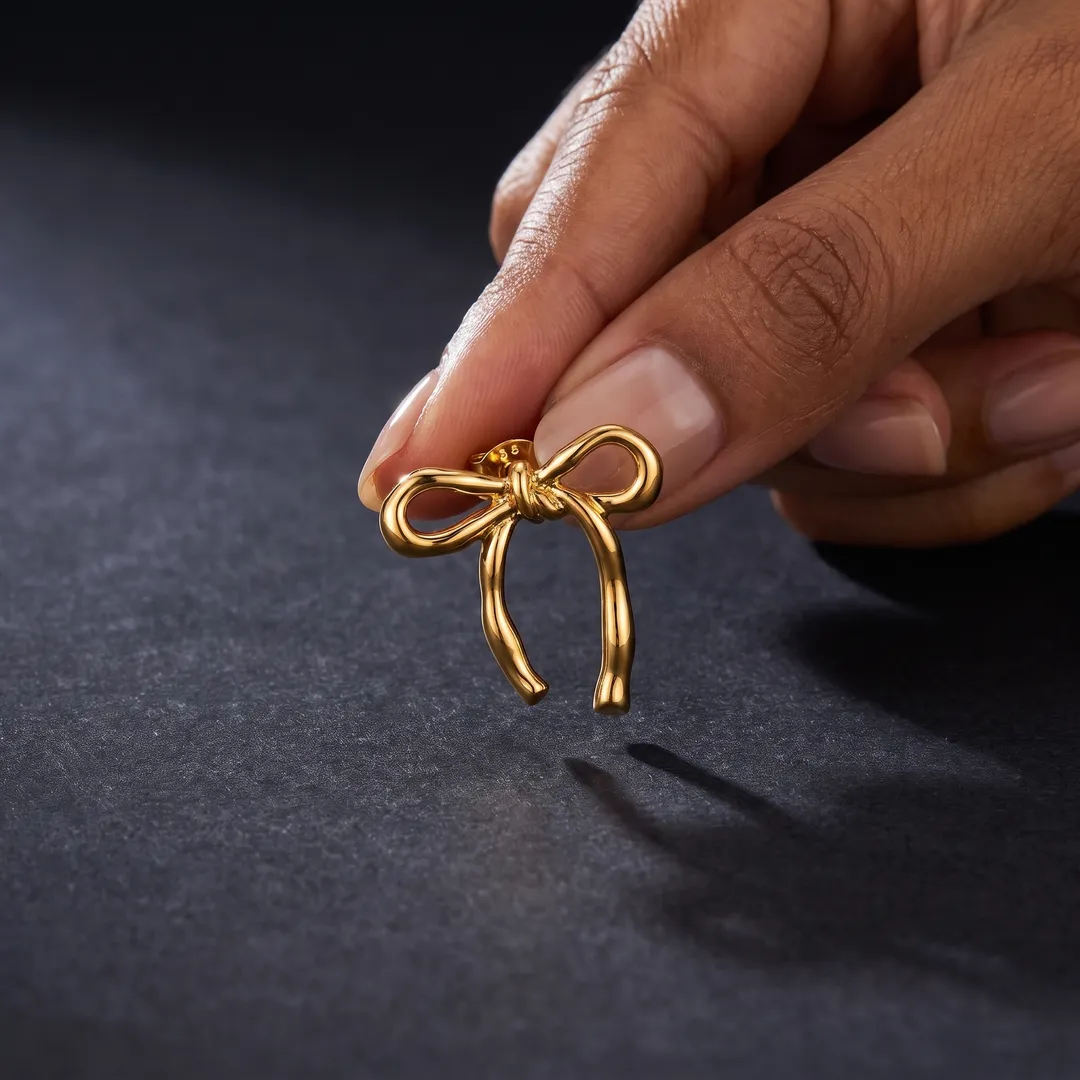 Aretes de moño de acero, Dorado, foto 2