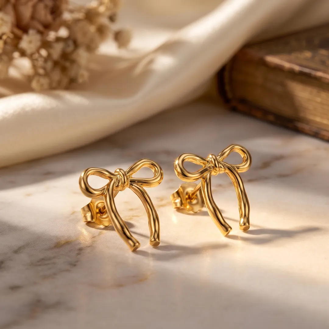 Aretes de moño de acero, Dorado, foto 3
