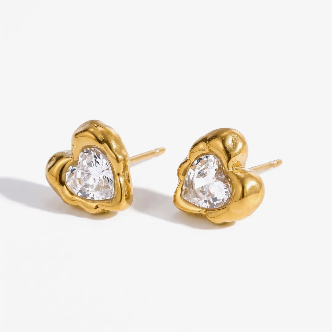 Aretes de corazón con circonia en acero inoxidable dorado, Blanco, foto 1