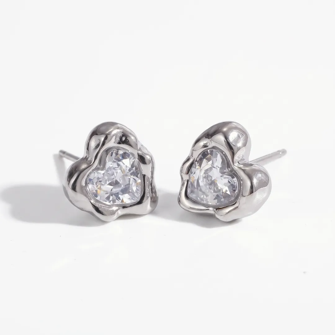 Aretes de corazón con circonia en acero inoxidable dorado, Color acero, foto 1