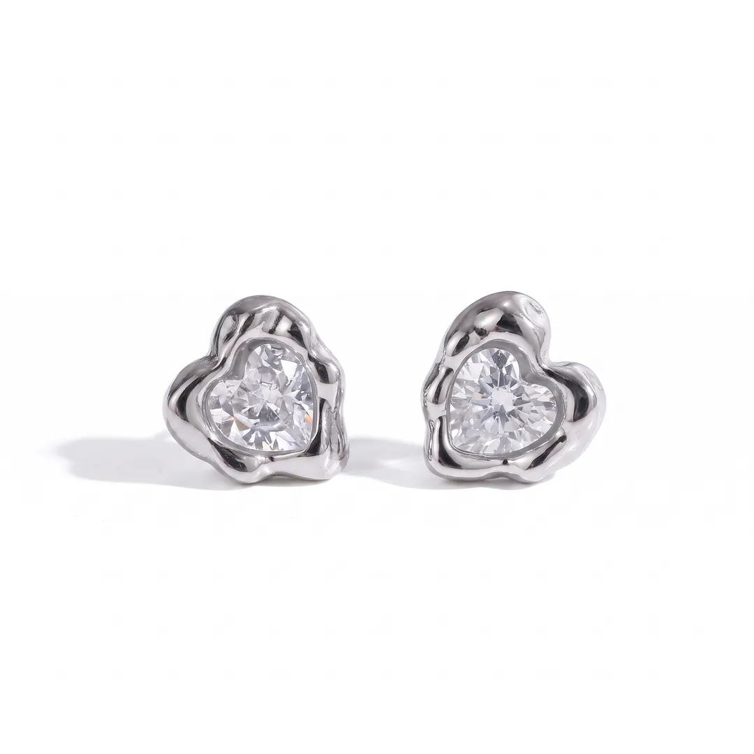 Aretes de corazón con circonia en acero inoxidable dorado, Color acero, foto 2