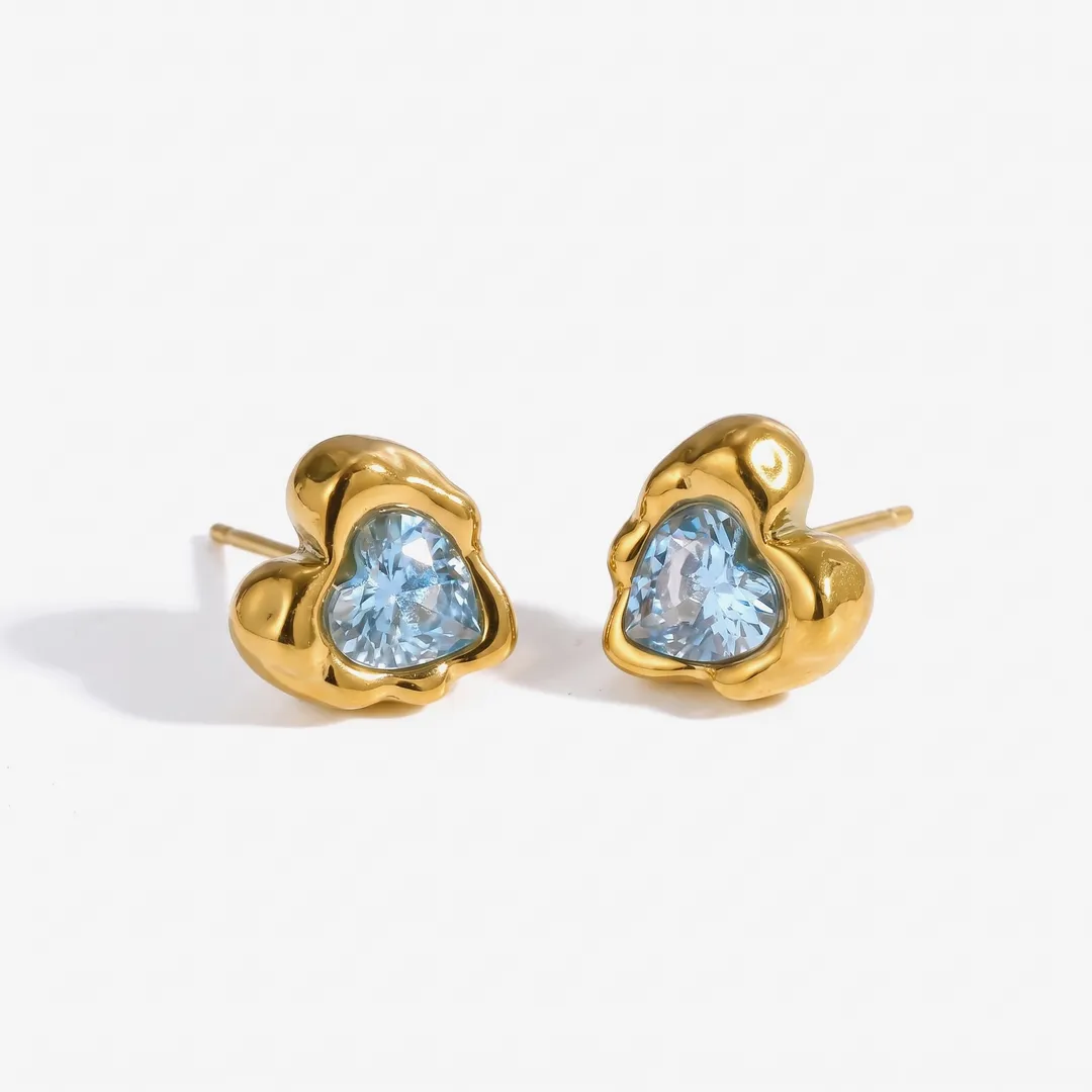 Aretes de corazón con circonia en acero inoxidable dorado, Azul, foto 1
