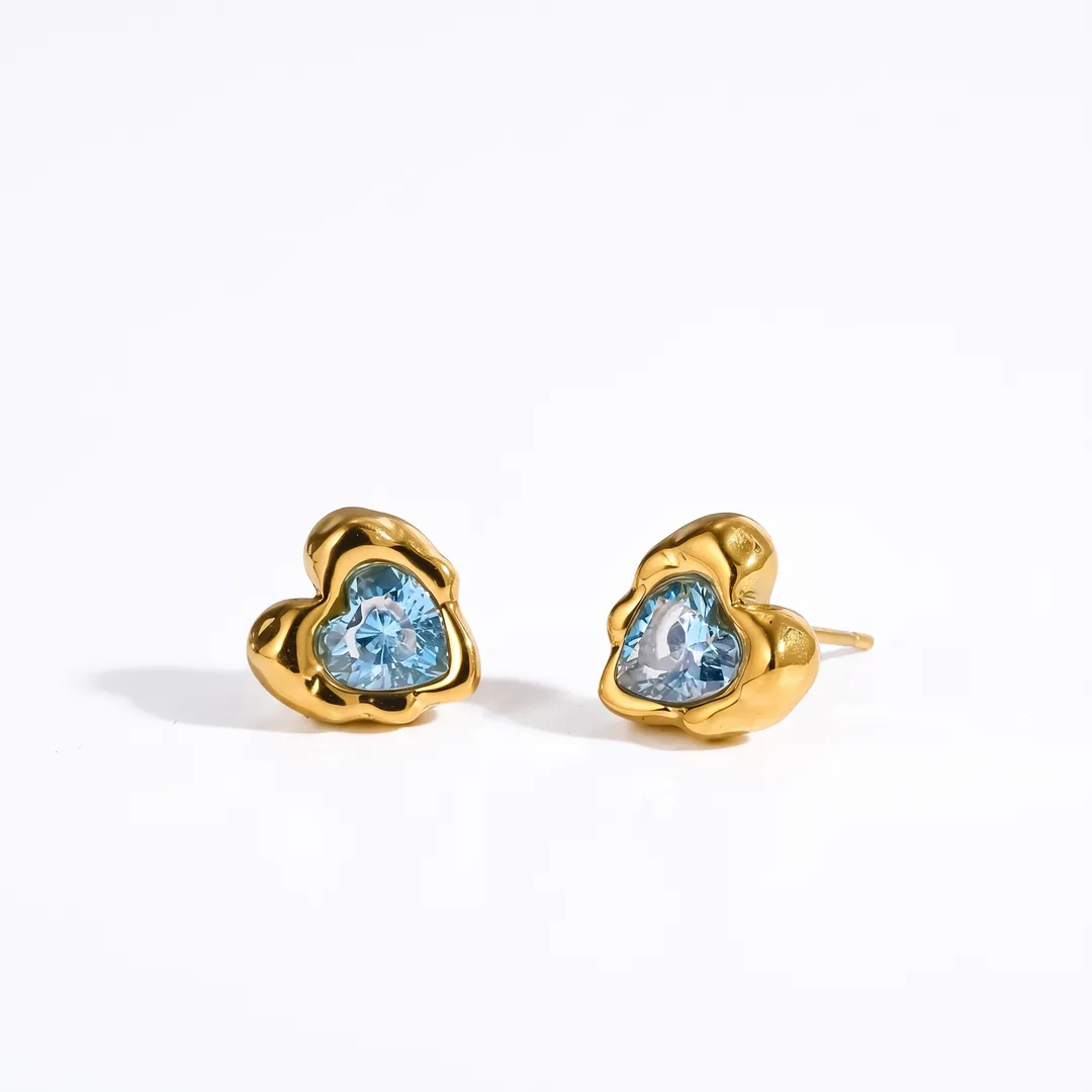 Aretes de corazón con circonia en acero inoxidable dorado, Azul, foto 2