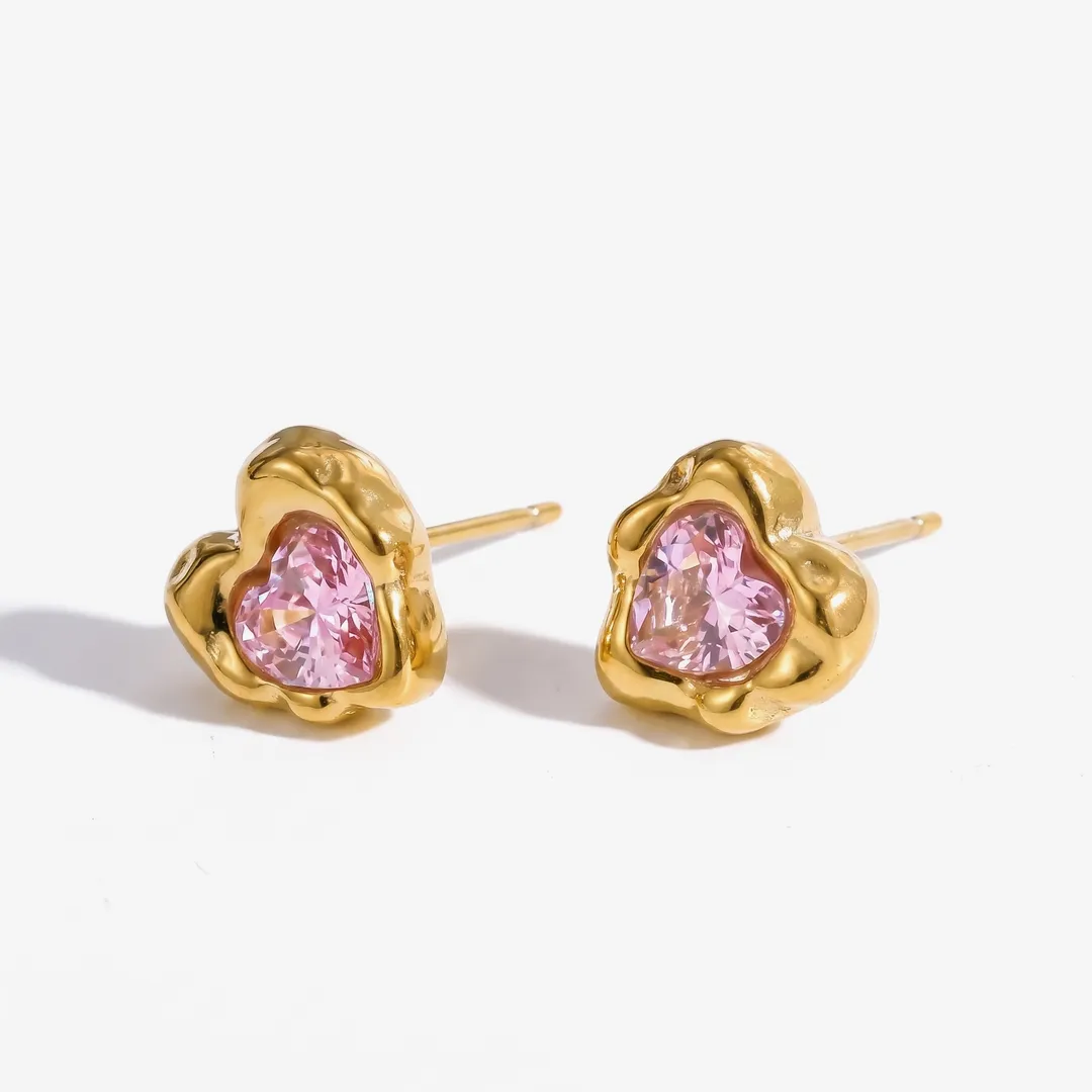 Aretes de corazón con circonia en acero inoxidable dorado, Rosa, foto 1