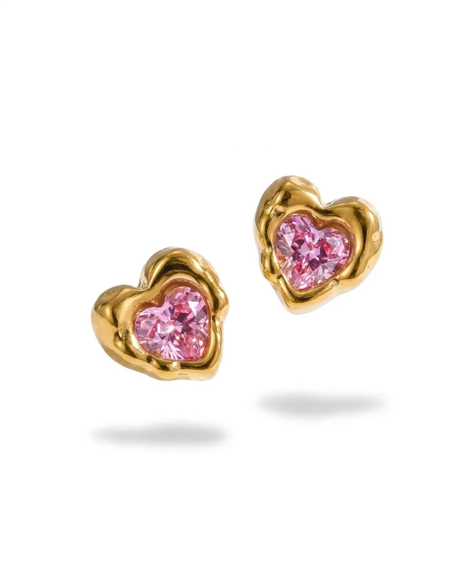 Aretes de corazón con circonia en acero inoxidable dorado, Rosa, foto 2