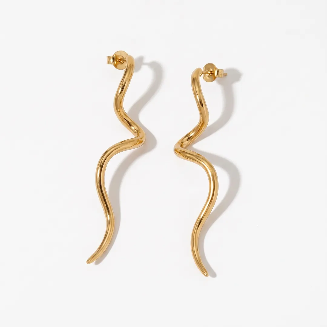 Aretes largos de línea ondulada, Dorado, foto 1