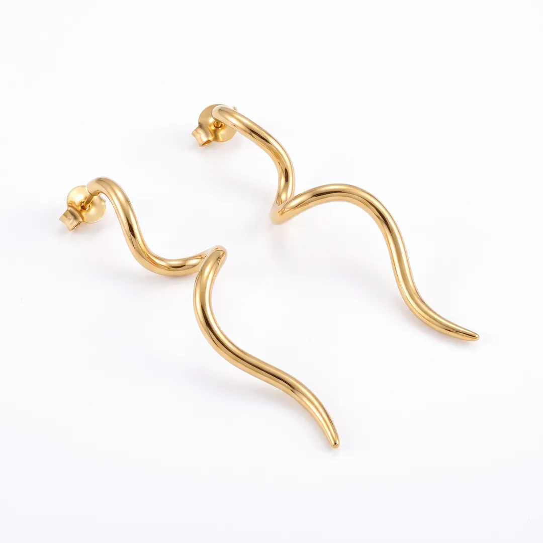 Aretes largos de línea ondulada, Dorado, foto 2