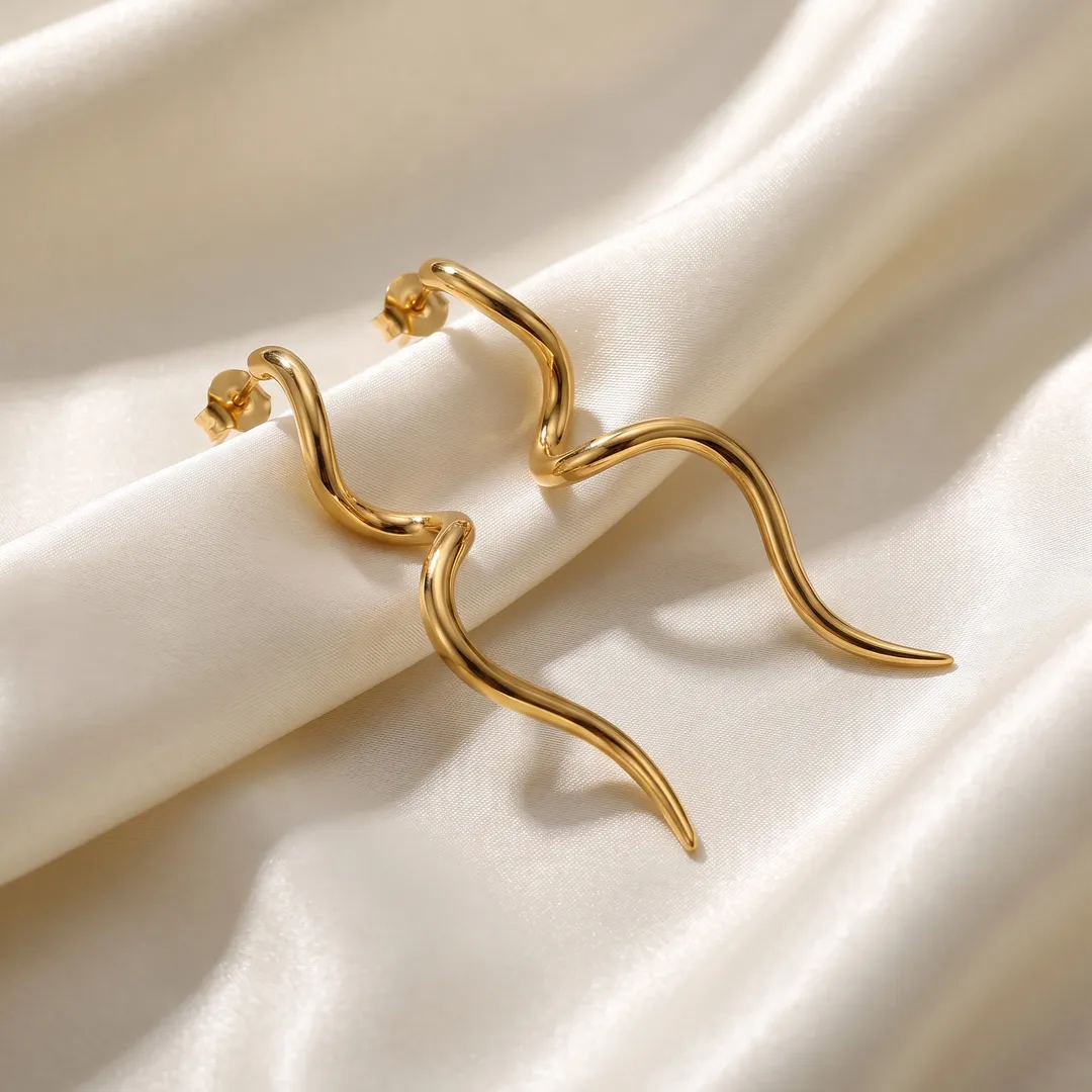 Aretes largos de línea ondulada, Dorado, foto 4