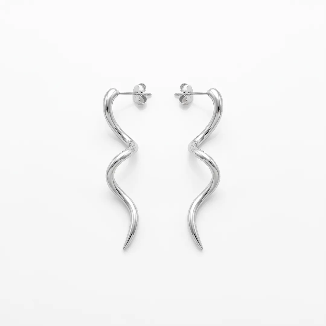 Aretes largos de línea ondulada, Plateado, foto 1