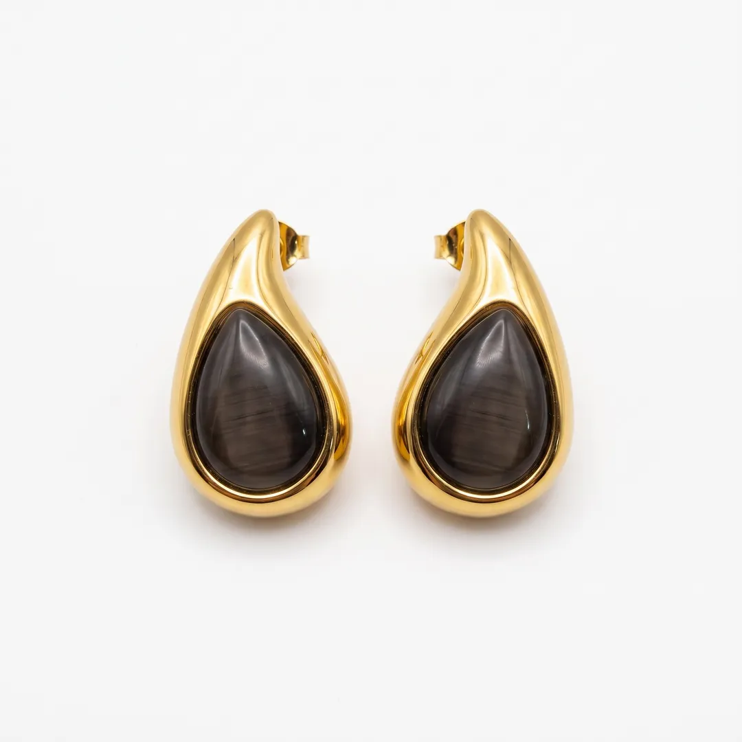Aretes gota acero dorado con piedra ojo de gato, Modelo 1, foto 1