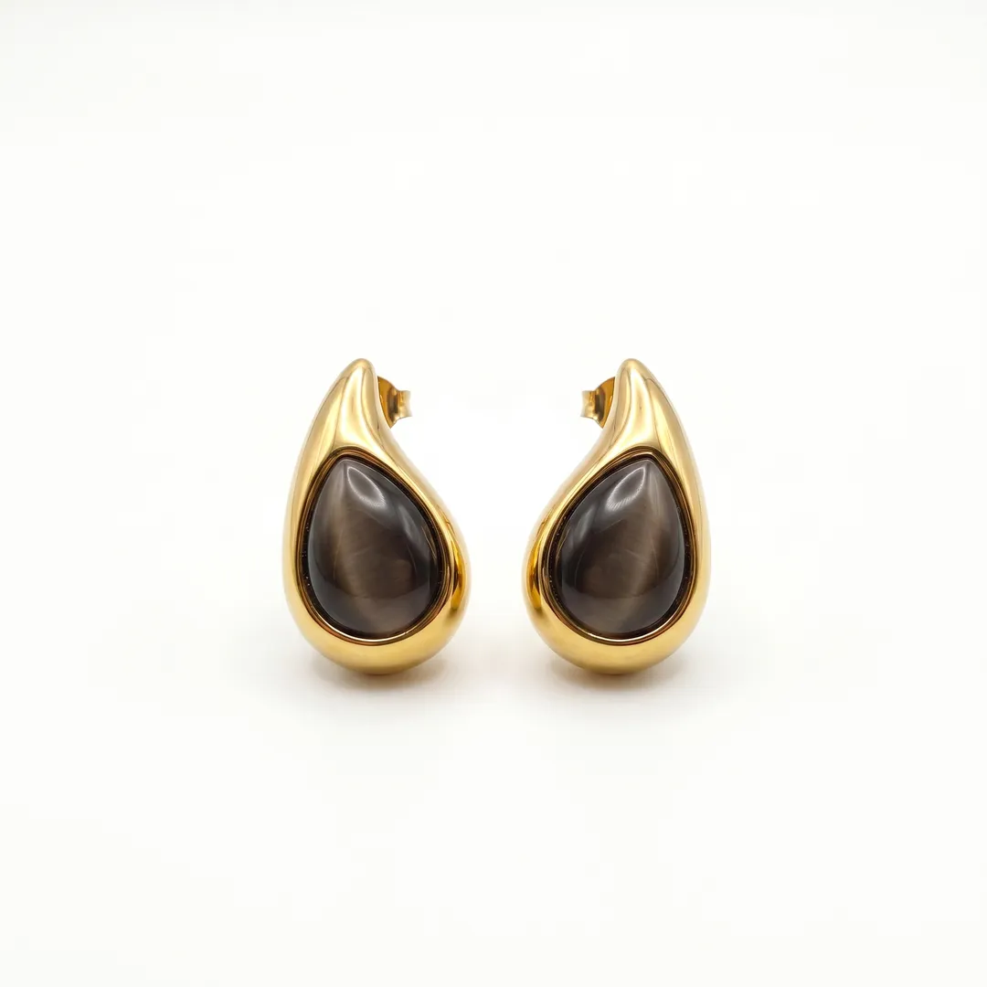 Aretes gota acero dorado con piedra ojo de gato, Modelo 1, foto 2