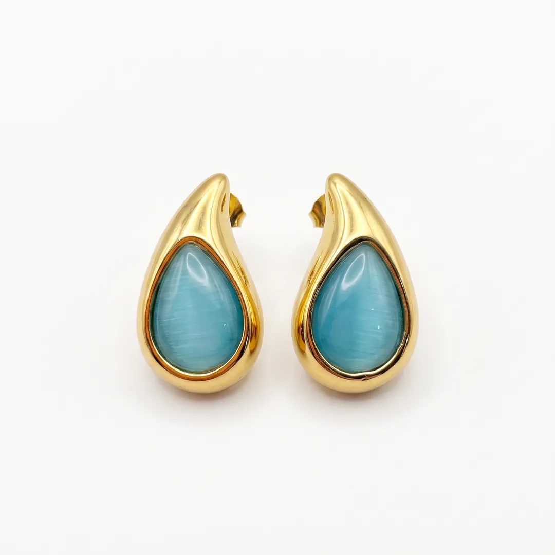 Aretes gota acero dorado con piedra ojo de gato, Modelo 2, foto 1