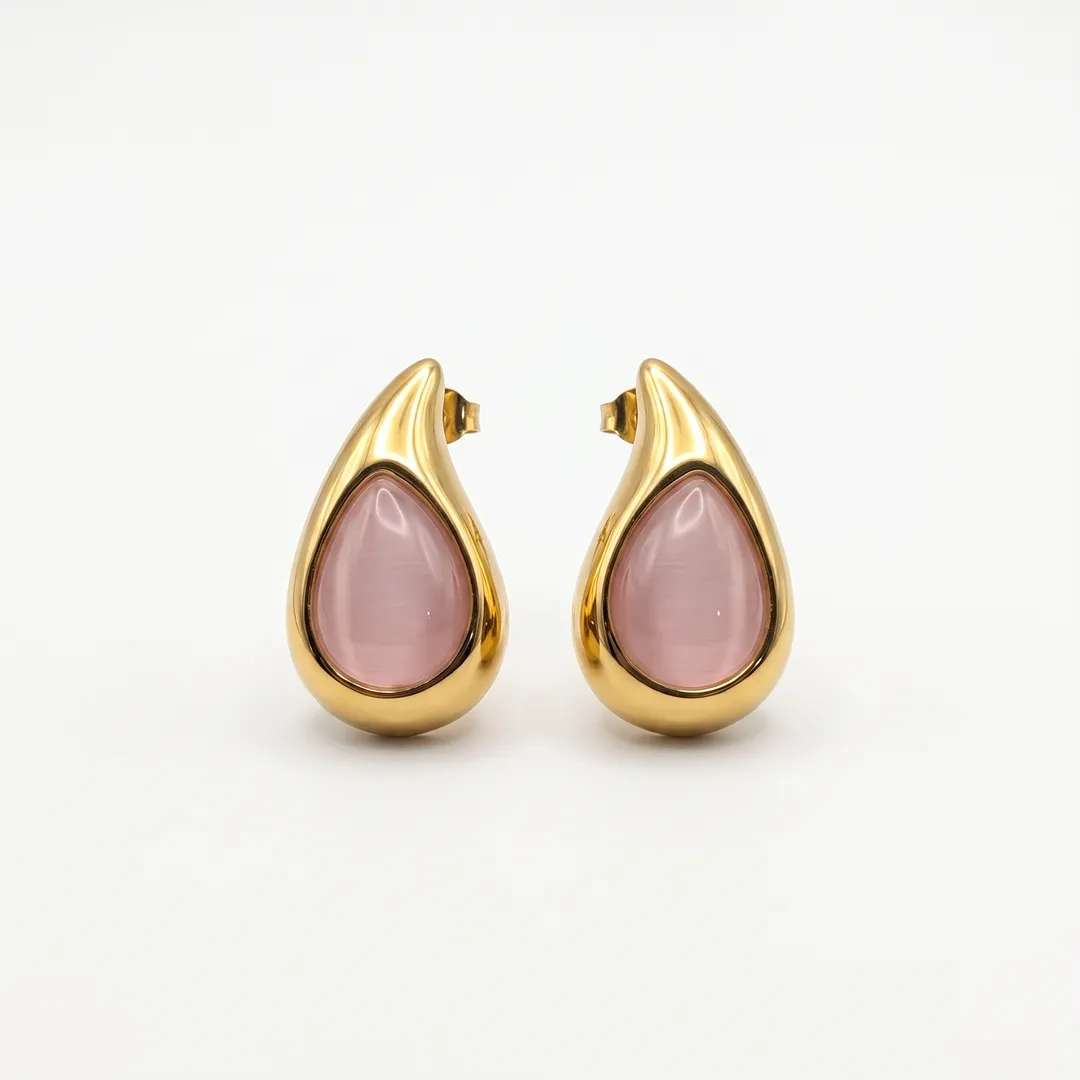 Aretes gota acero dorado con piedra ojo de gato, Modelo 3, foto 1