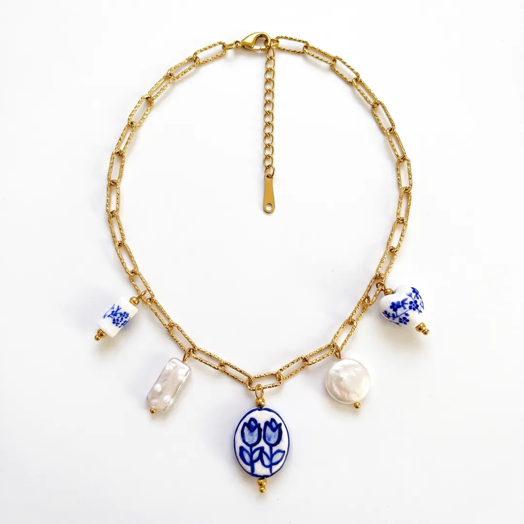 Collar Cadena Clips Cerámica Azul y Perlas, Dorado, foto 1