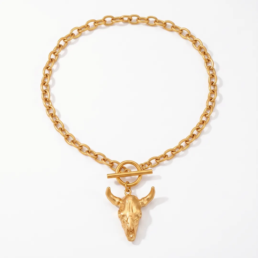 Gold Bull Head Pendant Chain Necklace with Toggle Clasp, Gold, photo 1