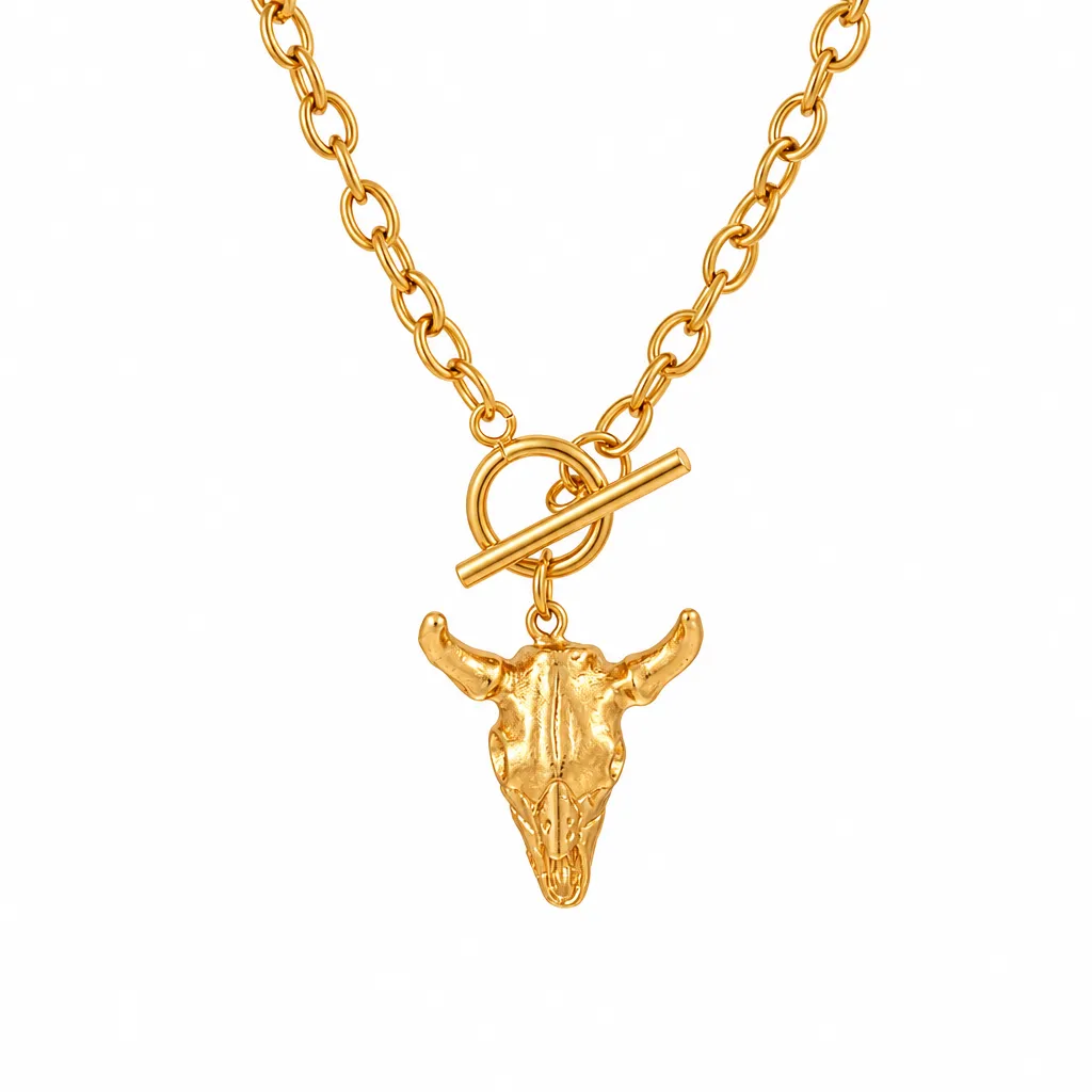 Gold Bull Head Pendant Chain Necklace with Toggle Clasp, Gold, photo 2