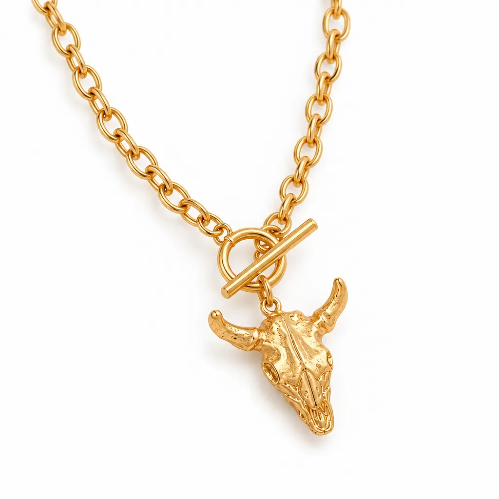 Gold Bull Head Pendant Chain Necklace with Toggle Clasp, Gold, photo 3