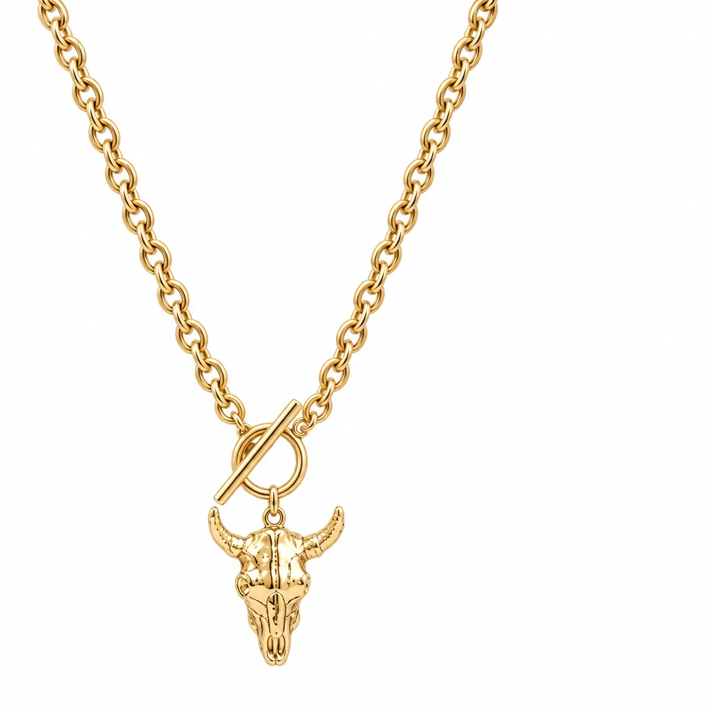 Gold Bull Head Pendant Chain Necklace with Toggle Clasp, Gold, photo 4