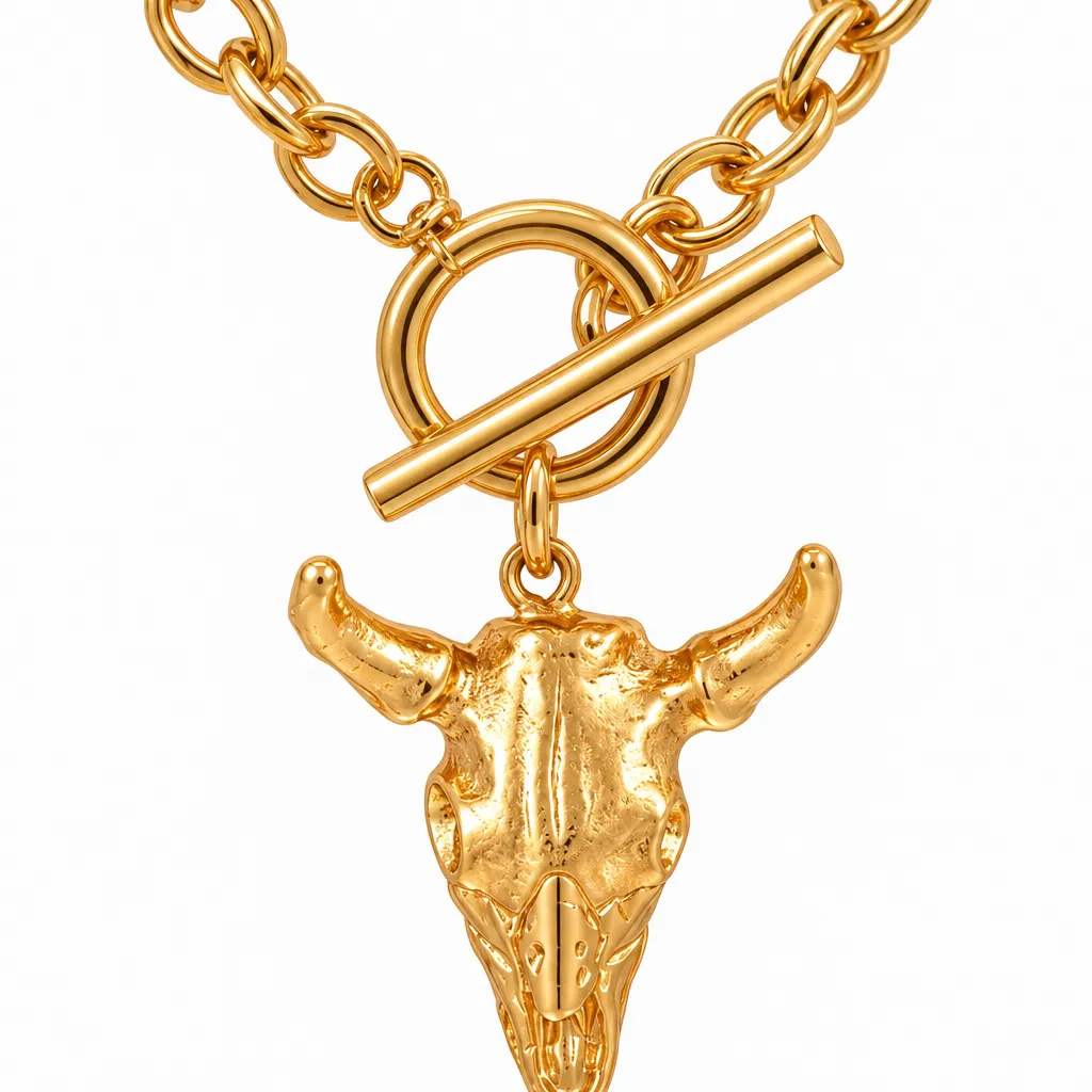 Gold Bull Head Pendant Chain Necklace with Toggle Clasp, Gold, photo 5