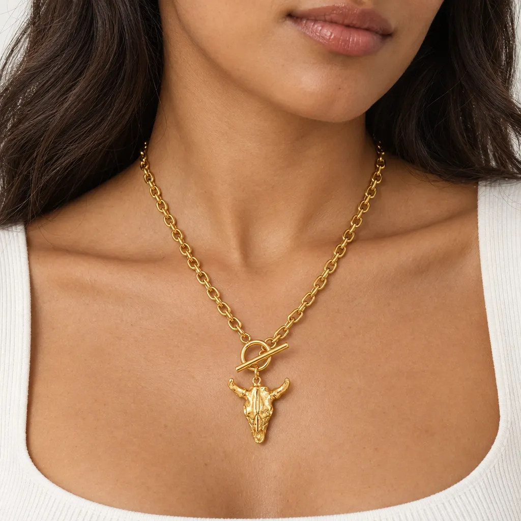 Gold Bull Head Pendant Chain Necklace with Toggle Clasp, Gold, photo 6