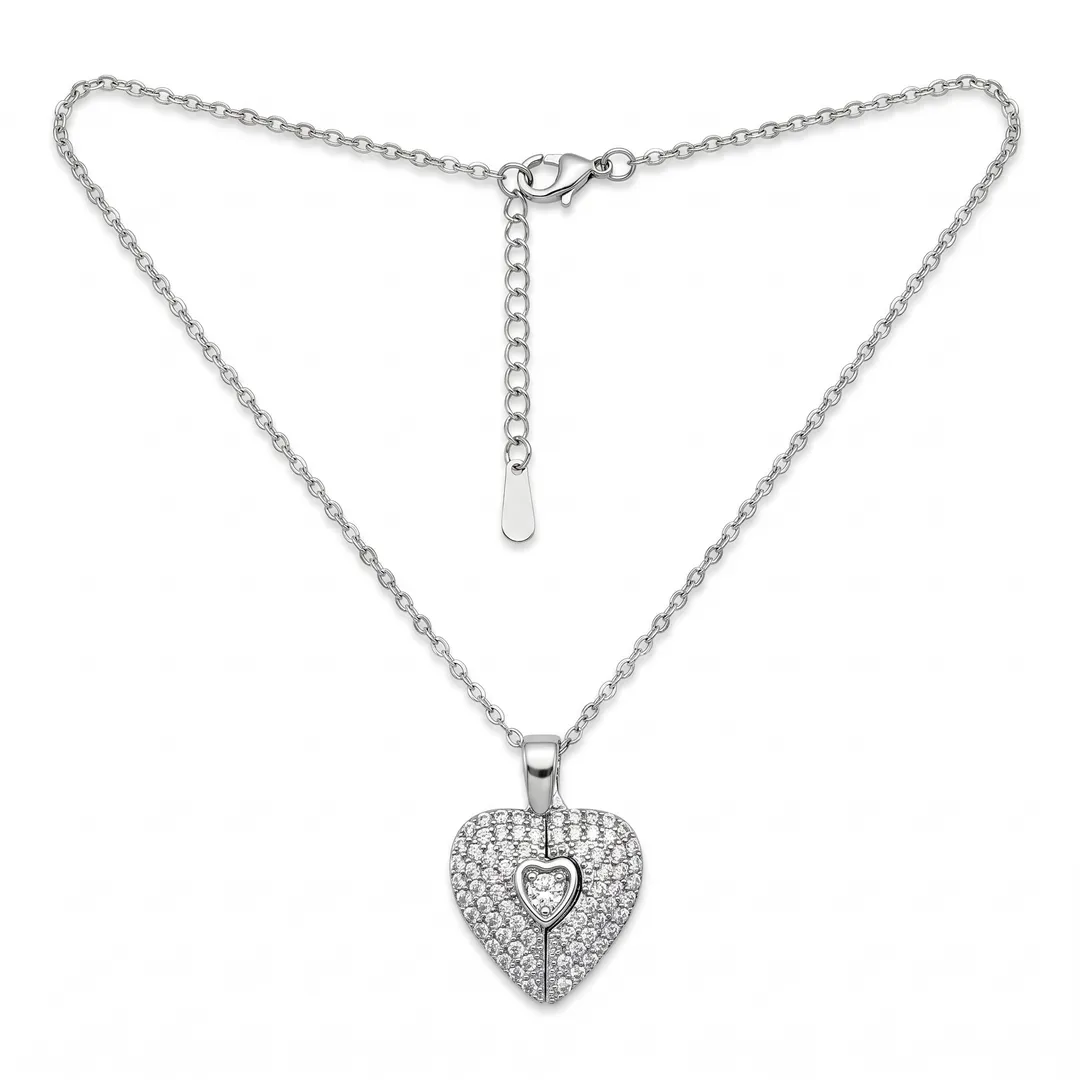 Pavé Heart Pendant Necklace with Angel Wings, Silver, photo 1