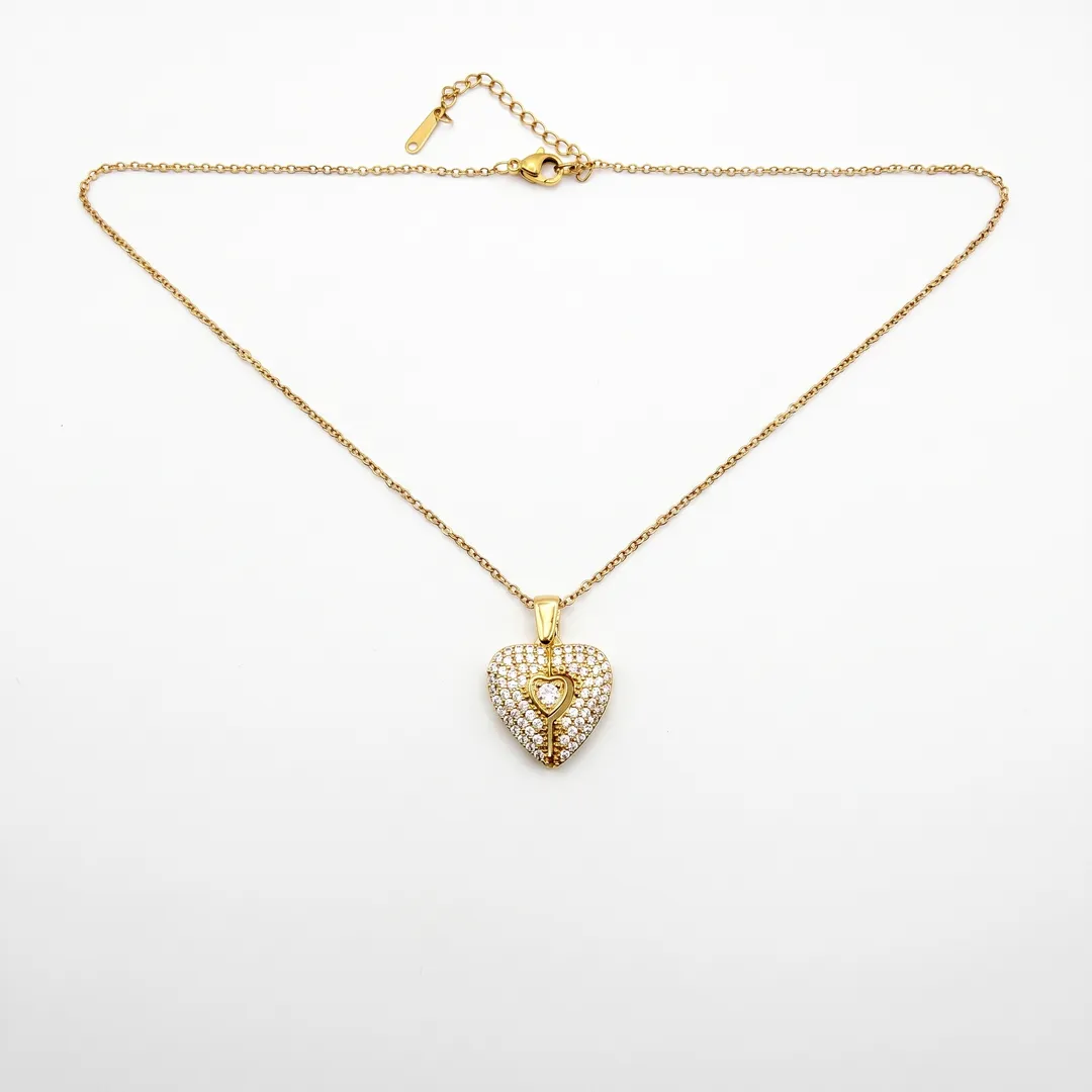 Pavé Heart Pendant Necklace with Angel Wings, Gold, photo 1