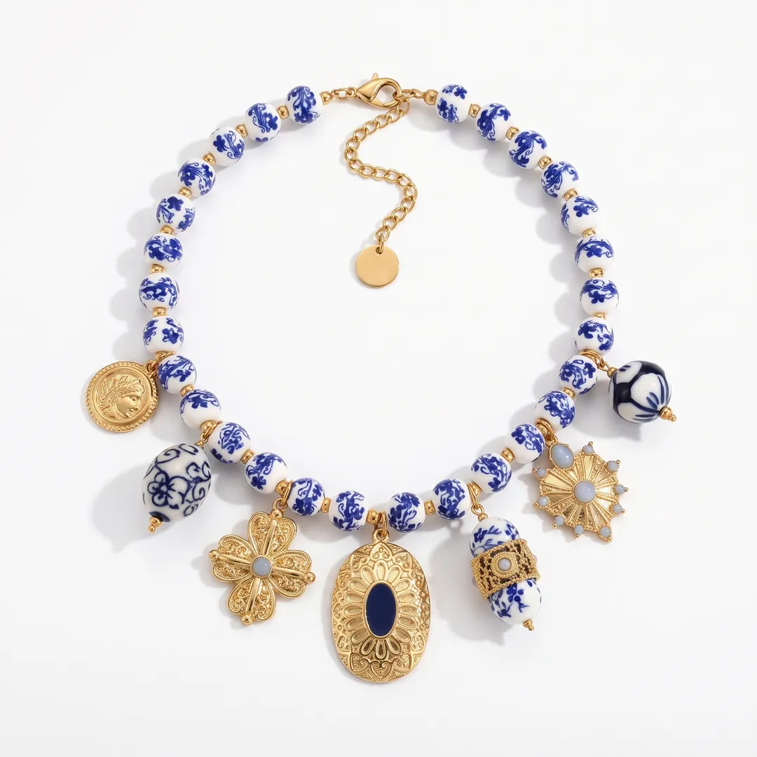 Collar de Cuentas de Cerámica con Múltiples Dijes Dorados, Dorado, foto 1