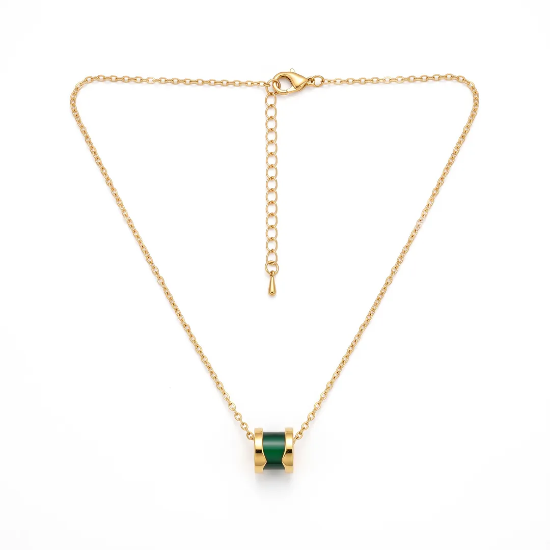 Necklace with Cylindrical Pendant and Green Stone, Gold, photo 1