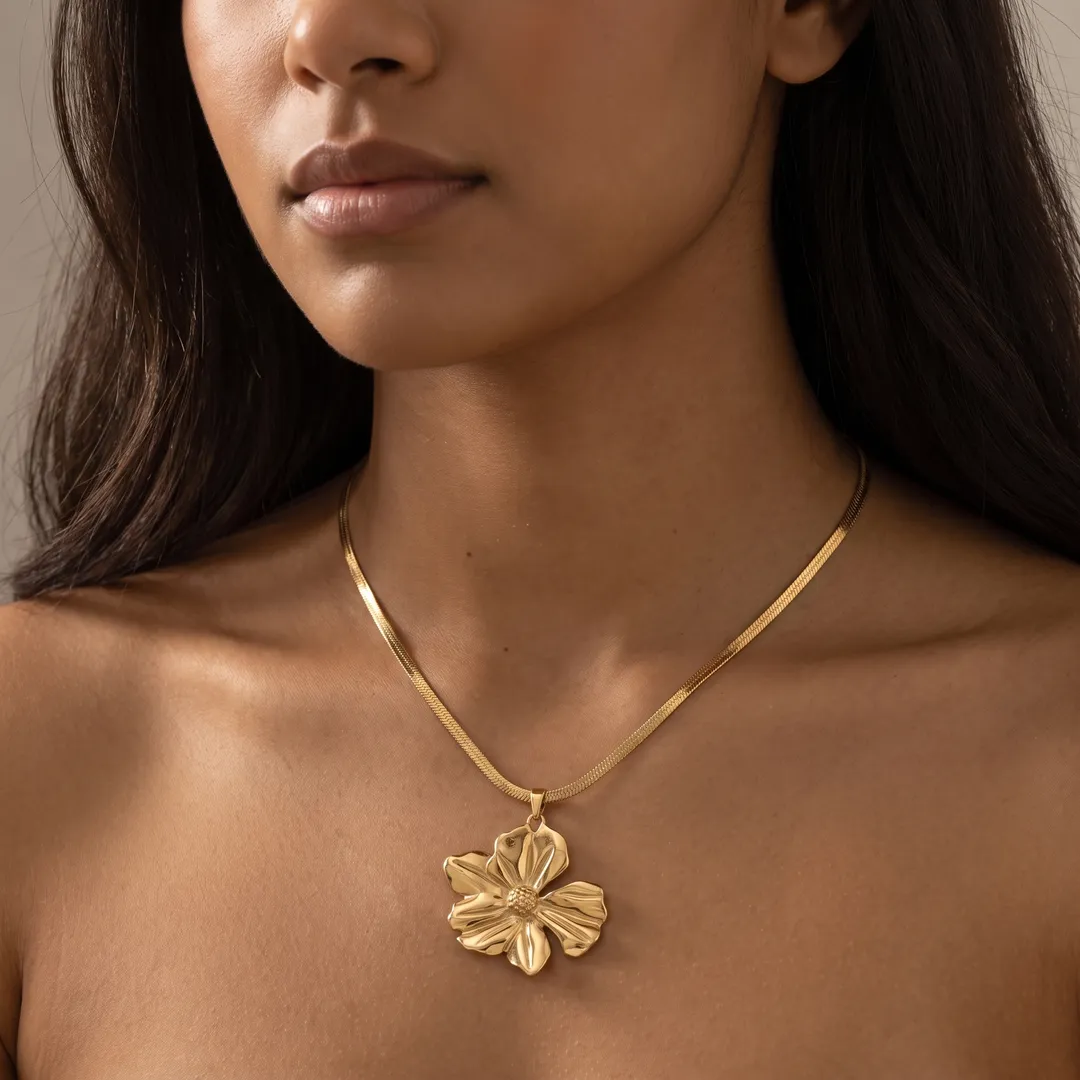 Collar Cadena Serpiente con Flor Dorado, Dorado, foto 5