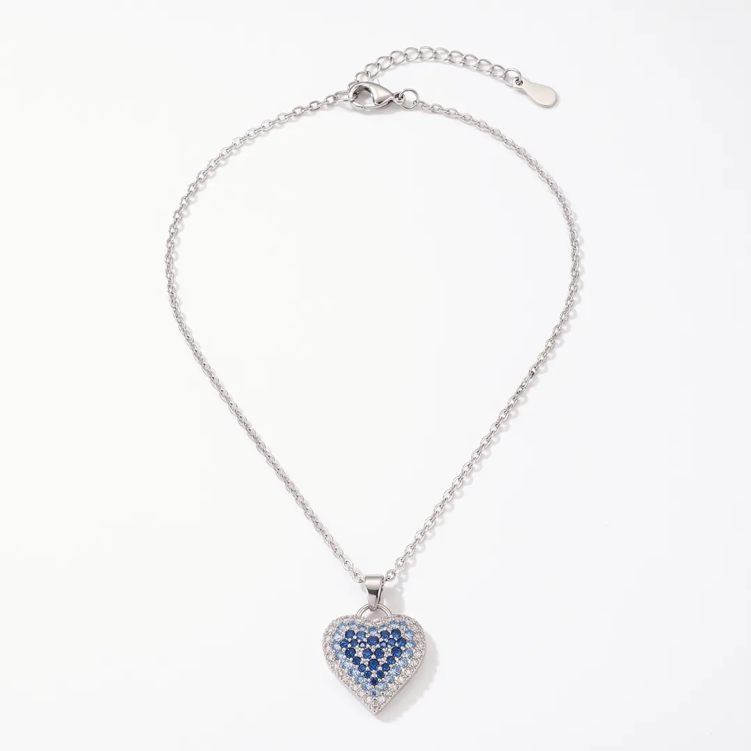 Collar con dije de corazón de circonias azules, tono plata, Plateado, foto 1