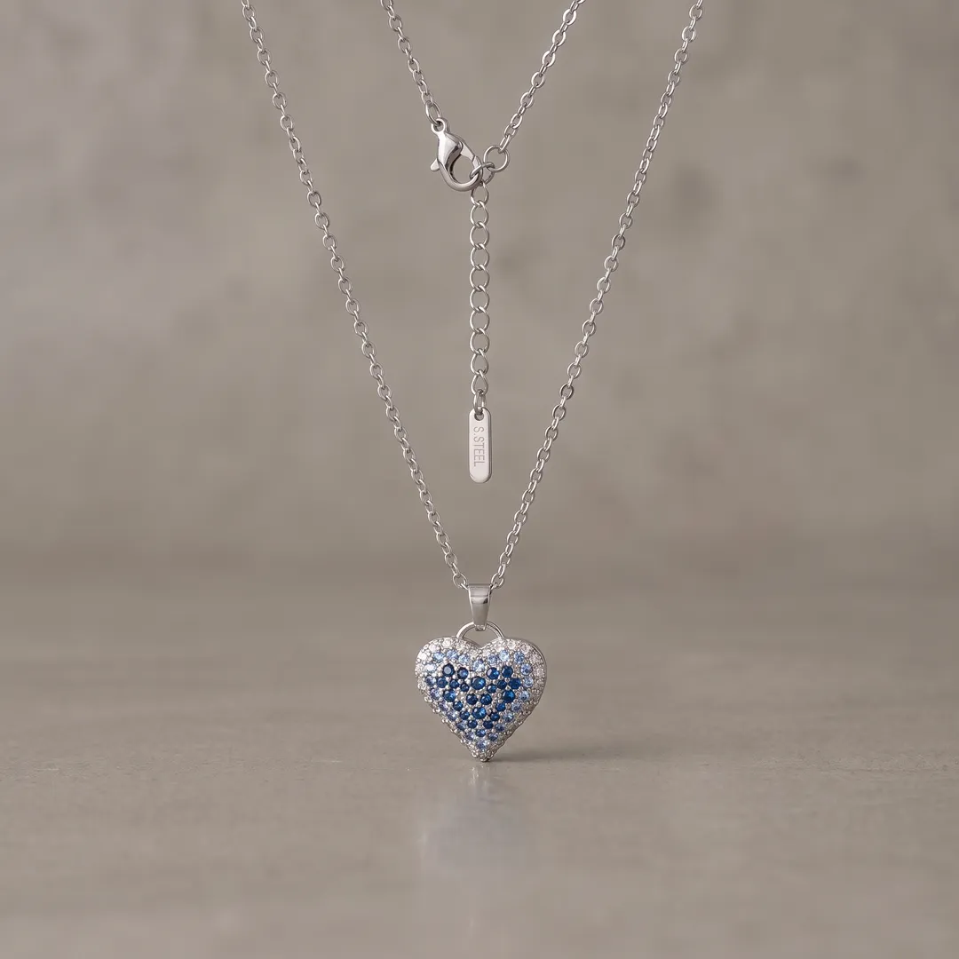 Collar con dije de corazón de circonias azules, tono plata, Plateado, foto 2