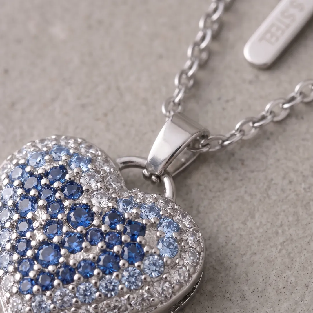 Collar con dije de corazón de circonias azules, tono plata, Plateado, foto 4