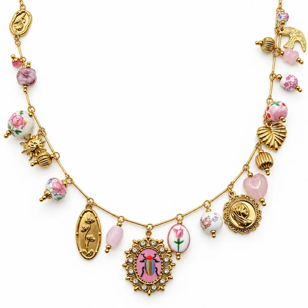 Collar largo con dijes de cuentas florales y escarabajo, Dorado, foto 2