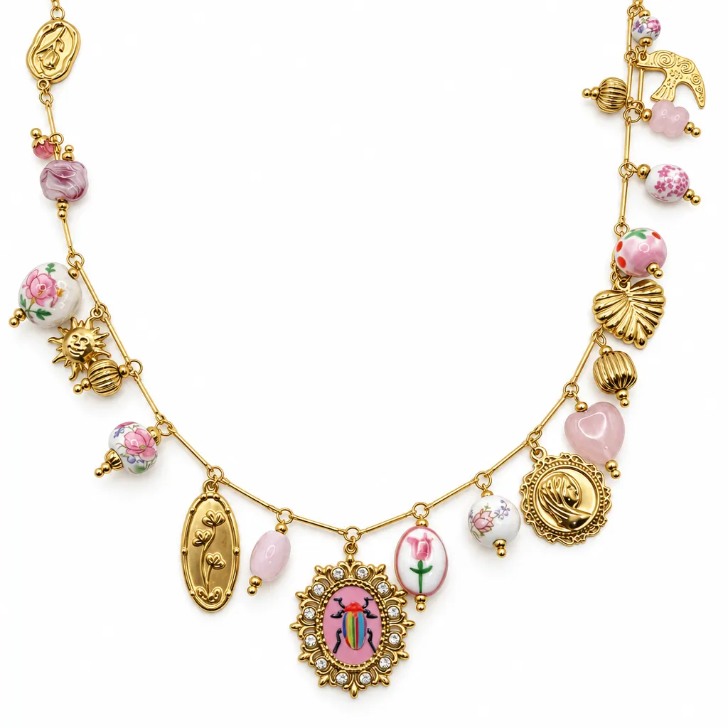 Collar largo con dijes de cuentas florales y escarabajo, Dorado, foto 4