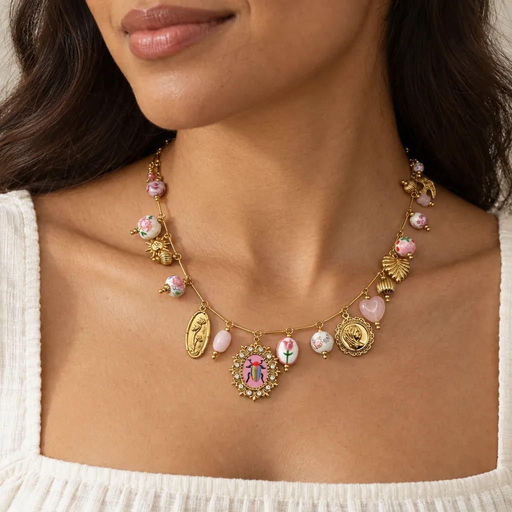 Collar largo con dijes de cuentas florales y escarabajo, Dorado, foto 6