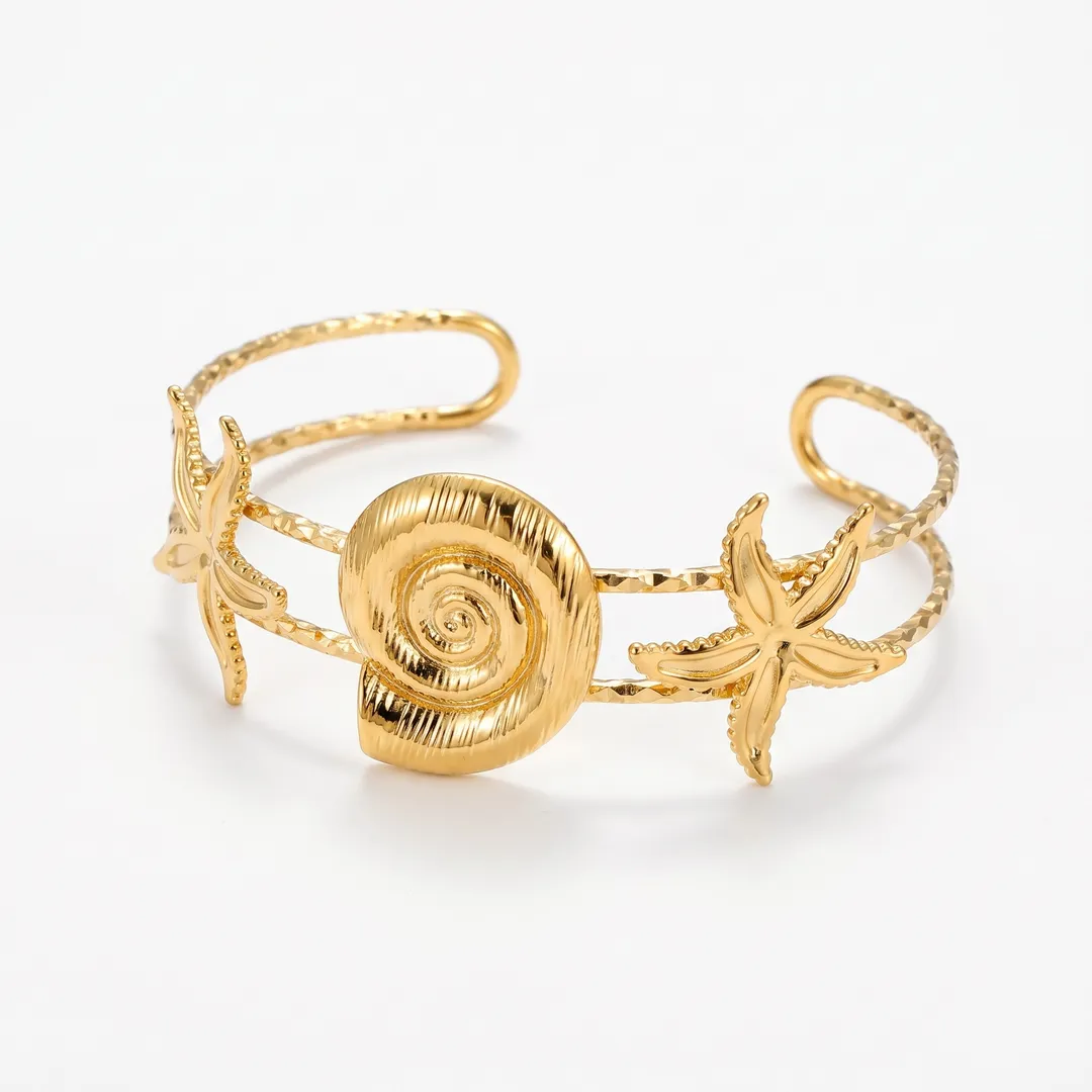 Brazalete rígido dorado concha y estrella de mar, Dorado, foto 1