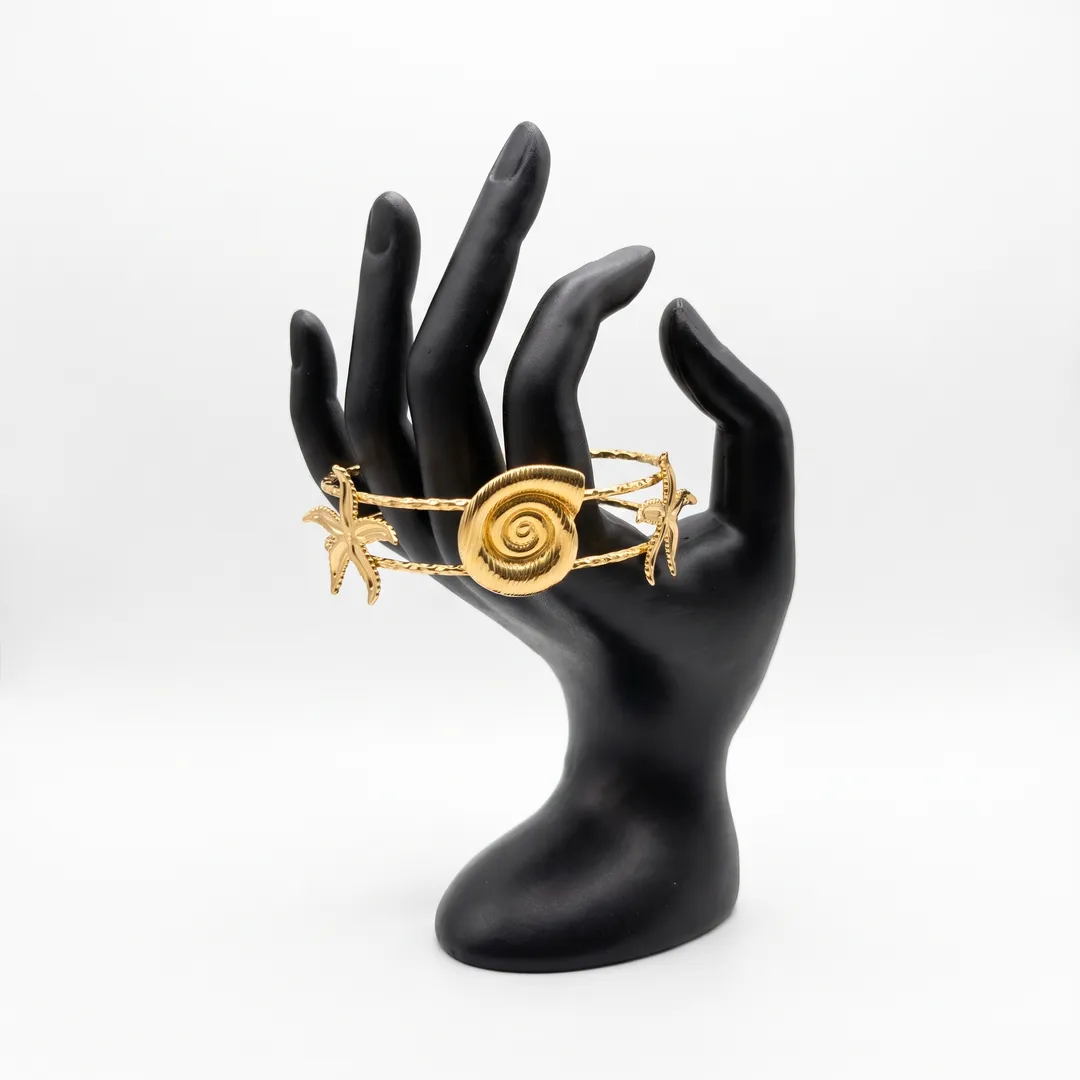 Brazalete rígido dorado concha y estrella de mar, Dorado, foto 2